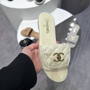 CHANEL Cream Quilted Slide Sandals